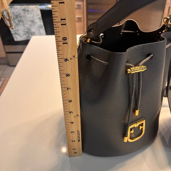 Furla Corona Gray Leather Gold-tone Metal Drawstring Bucket Handbag - Picture 10 of 11